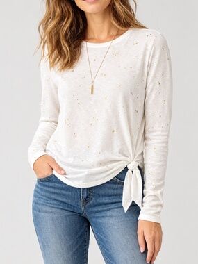 Carve Designs Devon White & Gold Splatter Long Sleeve Top with Side Tie